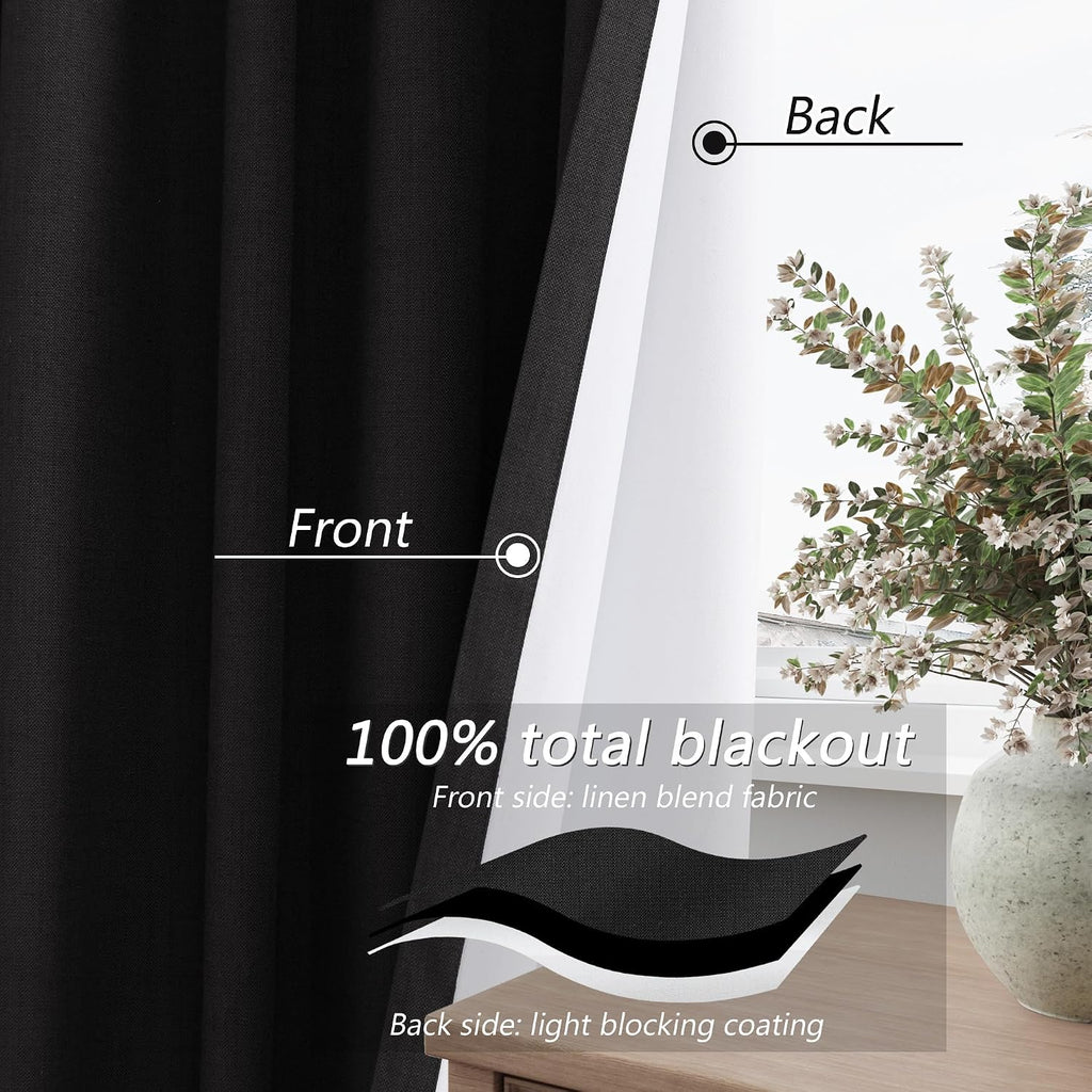 Guken Extra Long 100% Blackout Black Linen Curtains 102 Inches for Bedroom