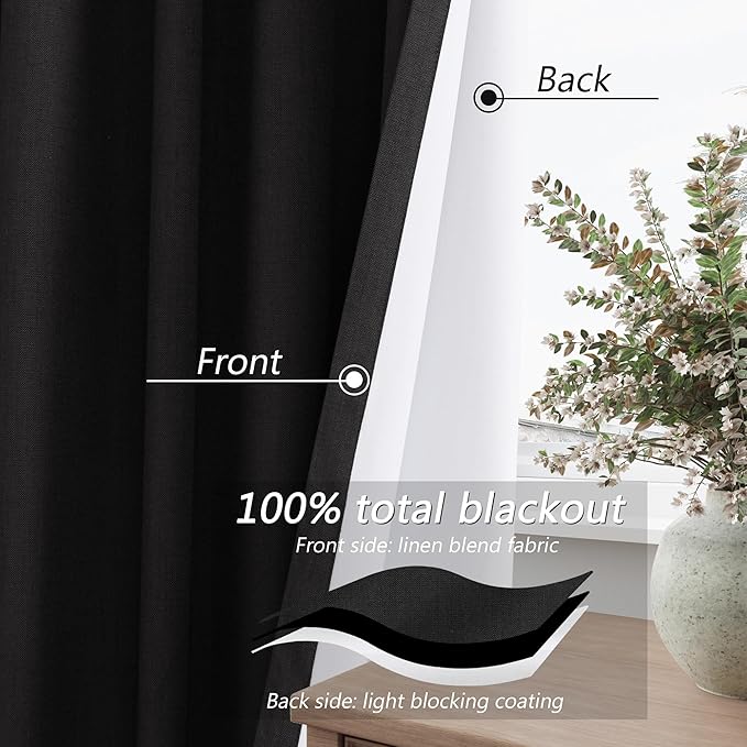 Guken Black 100% Blackout Curtains 96 Inch Length 2 Panels Set - Image 4