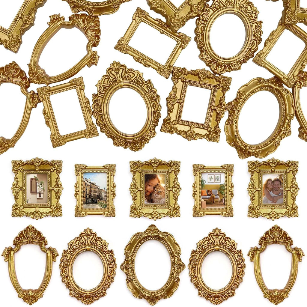 15 PCS Mini Vintage Frames, Tiny Resin Antique Frames, Small Gold picture photo frame for DIY Wall Hanging Jewelry Display Photography Party Hotel Home Decoration (mini frameA)