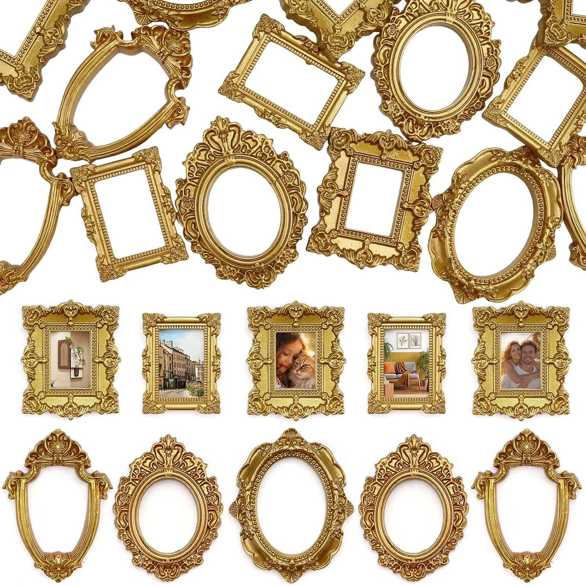 15 PCS Mini Vintage Frames, Tiny Resin Antique Frames, Small Gold picture photo frame for DIY Wall Hanging Jewelry Display Photography Party Hotel Home Decoration (mini frameA)