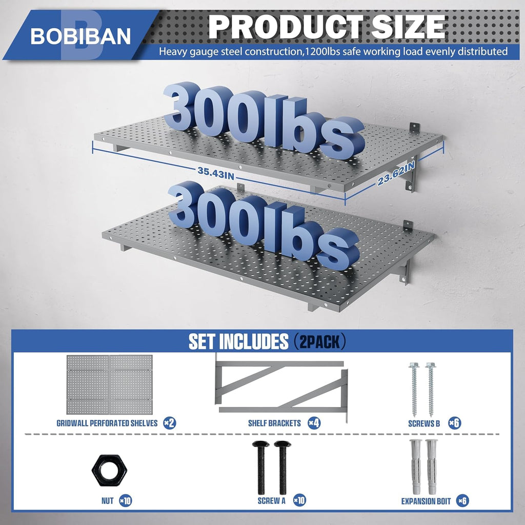 2 Pack Garage Wall Shelving, 2x3ft Heavy Duty Wall Shelves, Gray