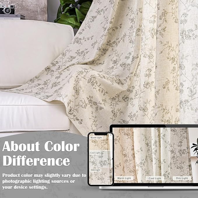 Lazzzy Grey Floral Linen Curtains 96 Inch Farmhouse Back Tab Drapes - Image 5