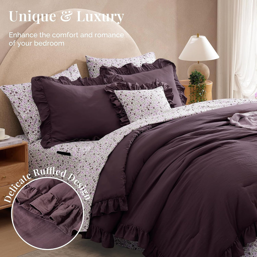 BLOOMHAVEN Queen Comforter Set-7 Pieces Ruffle Bedding with Floral Sheet