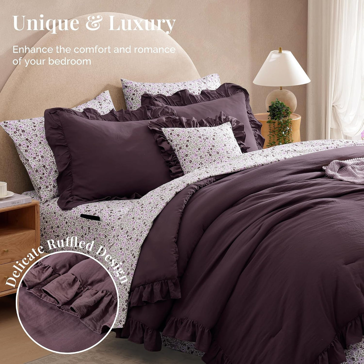 BLOOMHAVEN Queen Comforter Set-7 Pieces Ruffle Bedding with Floral Sheet