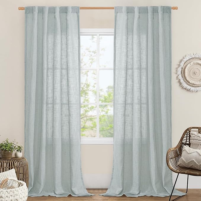 LAMIT Greyish Blue Linen Boho Curtains 84 inch Length 2 Panels, Light Filtering by LAMIT