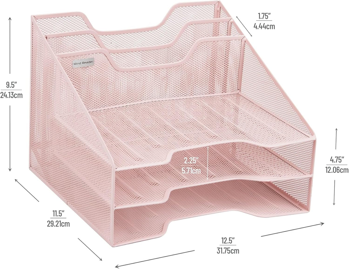 Mind Reader Metal Mesh Desktop File Organizer, 3-Tier Paper Tray with 5 Compartments, Office Mail Sorter, Pink