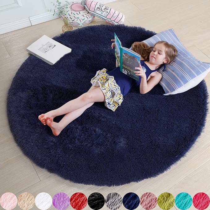 Dark Navy Round Rugs 5Ft for Teen Boys Bedroom, Circular Fluffy Shag Fuzzy by Amdrebio