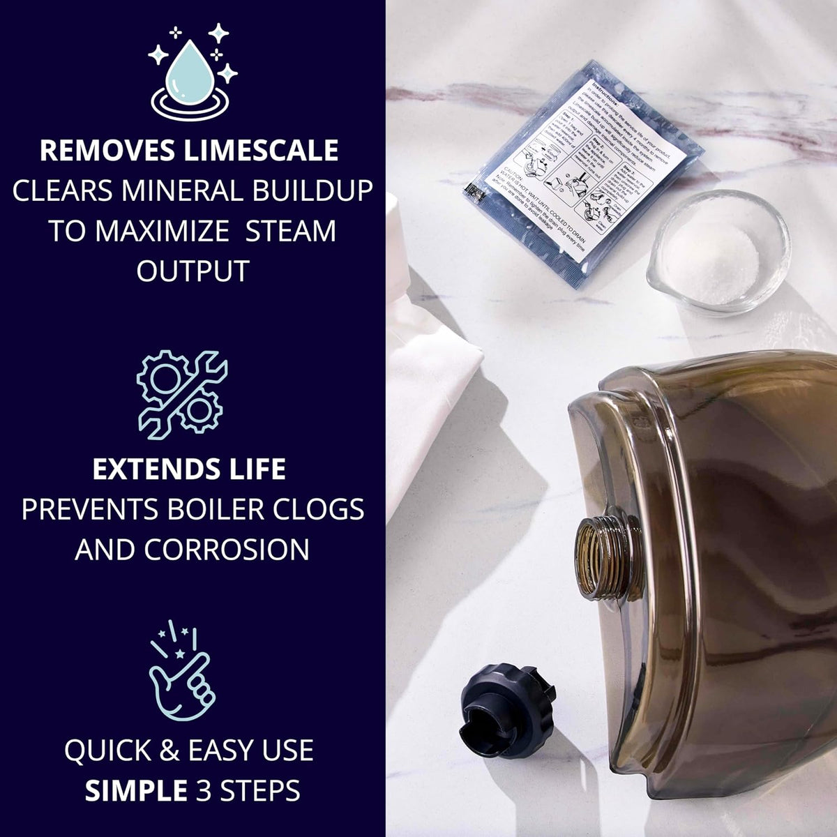 SALAV Garment Steamer Descaler Solution, Limescale & Mineral Buildup Remover, Universal Steamer Cleaner Packets, Monthly Appliance Care for Standing Clothes Steamers, 3pc Set