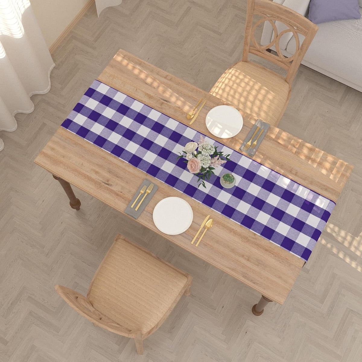 Purple & White 2 Side Buffalo Check Farmhouse Table Runner for Family Dinners or Gatherings Indoor or Outdoor Parties Everyday Use 12" x 72"
