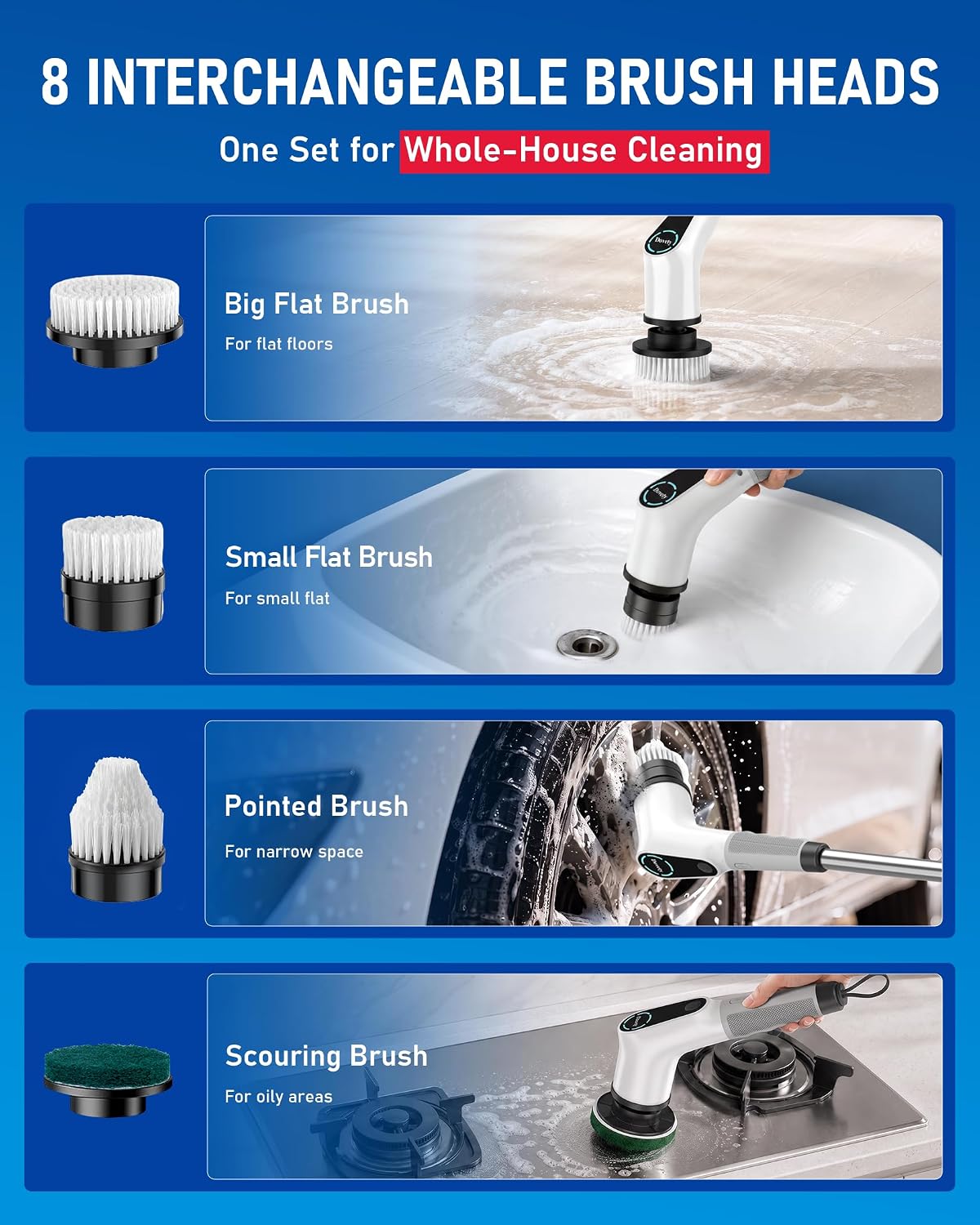 Dovety Electric Spin Scrubber, Extendable Handle, 8 Brush Heads-WH