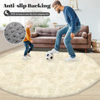 Cream White Round Rugs for Bedroom: 4ft Circle Fluffy Shag Soft Washable Rug - Image 7