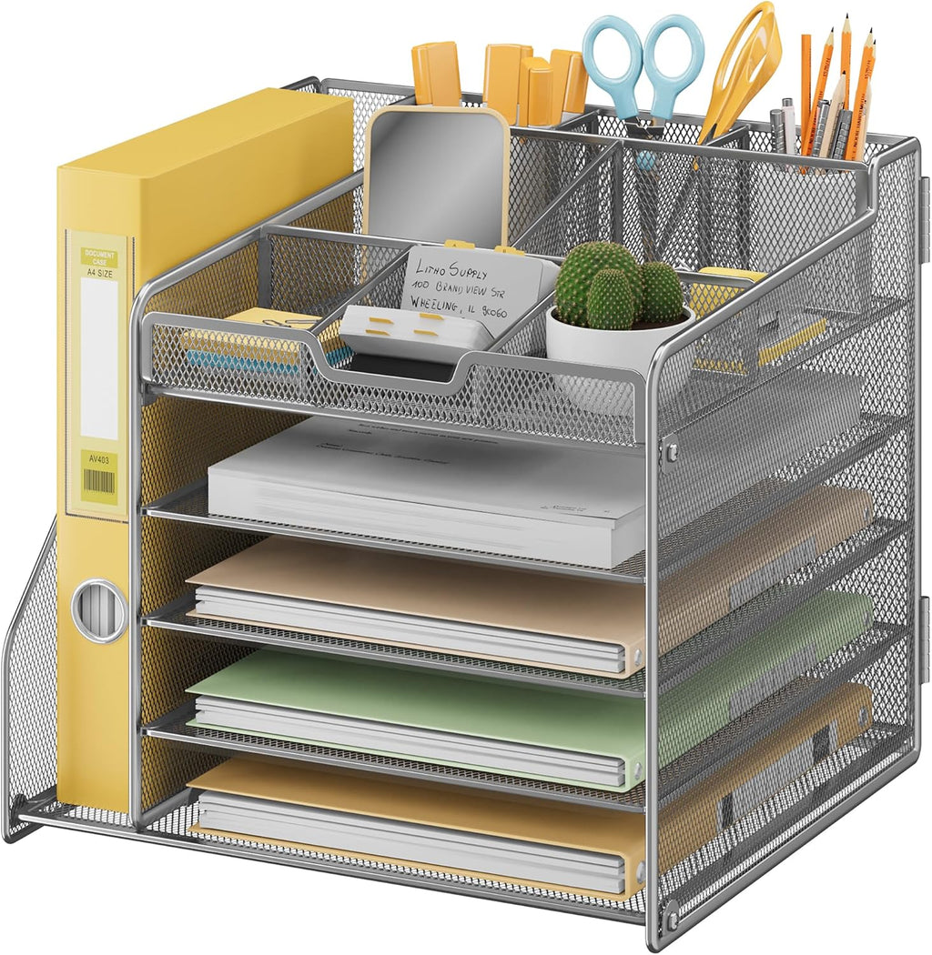 5-Tier Metal Mesh Desk Organizer with File Holder & 7 Customizable Compartments | Paper Letter Tray for Office or Home Desk Storage | Keep Workspace Supplies Neat & Organized, Silver