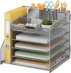 5-Tier Metal Mesh Desk Organizer with File Holder & 7 Customizable Compartments | Paper Letter Tray for Office or Home Desk Storage | Keep Workspace Supplies Neat & Organized, Silver