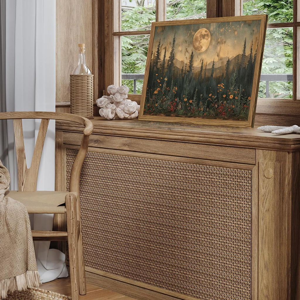 Vintage Nature Forest Wall Art Dark Moon Landscape Painting Wall Decor Woodland Picture Artwork 3D Textured Hand Drawn Sandstone for Farmhouse Bedroom Living Room 12x16 inch Wood Framed
