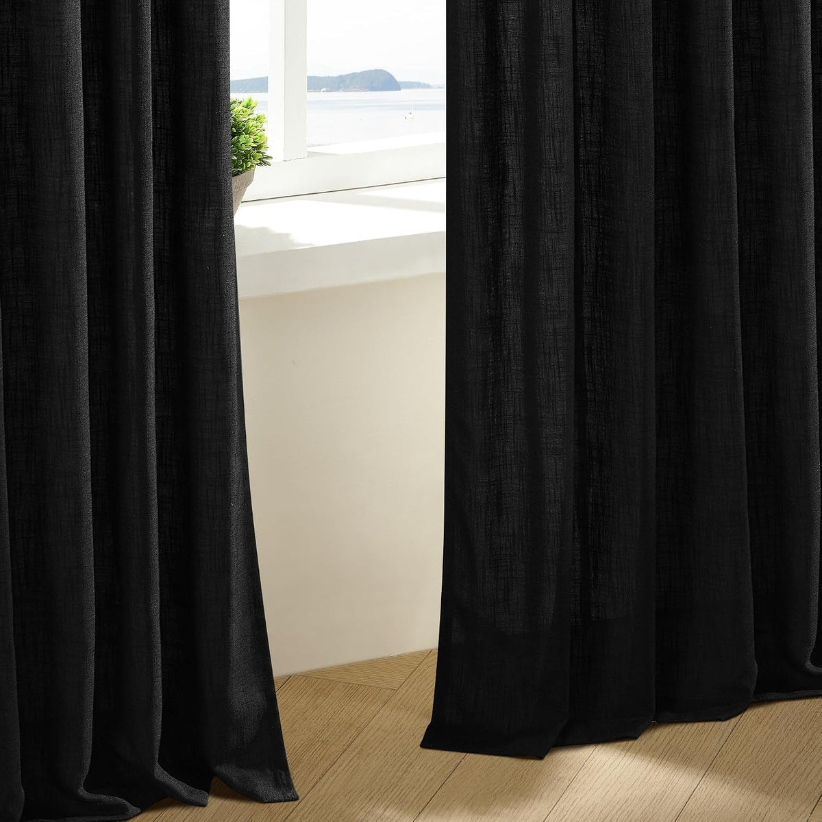 TWODRAPES Black Pinch Pleated Linen Semi Sheer 84 Inch Curtains 2 Panels