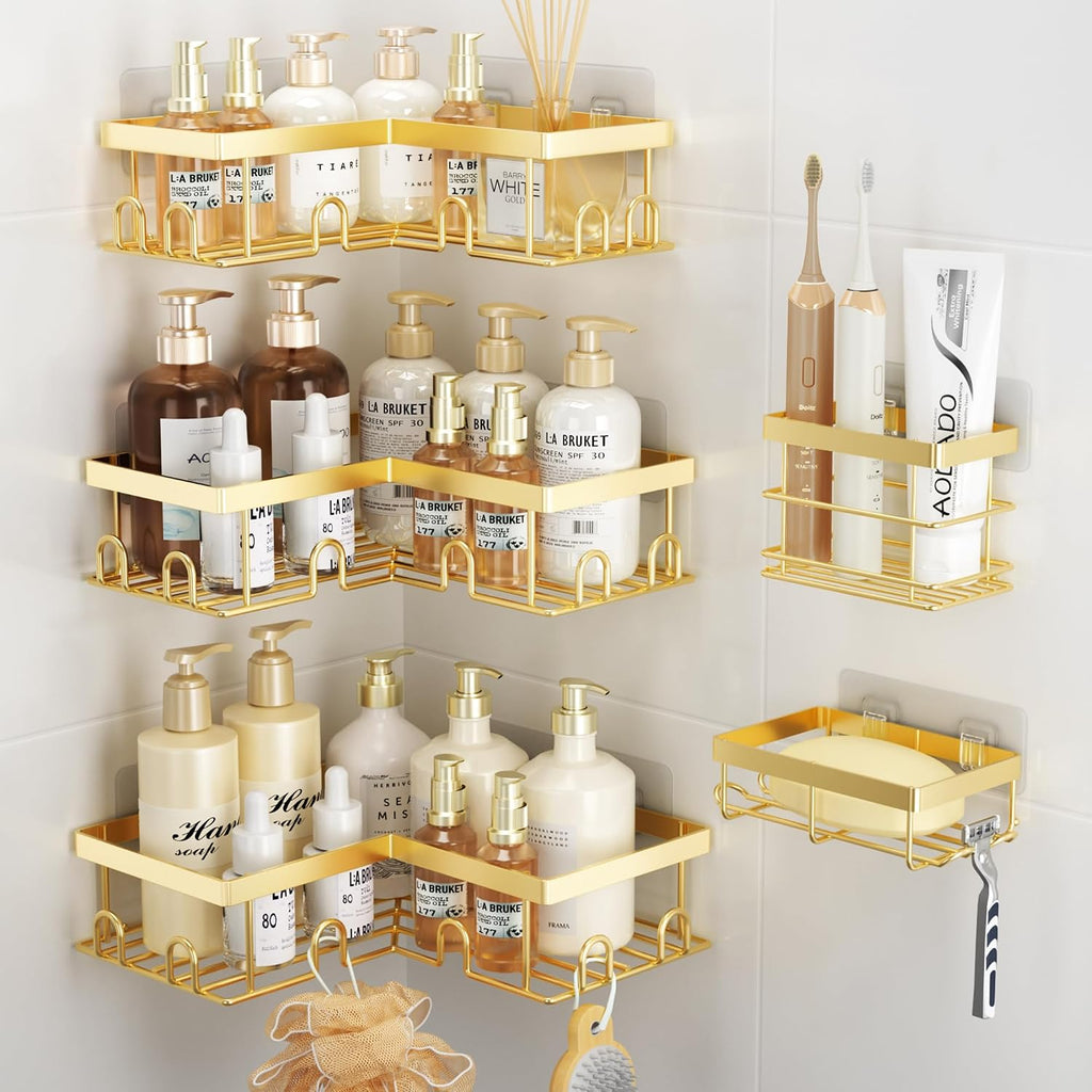 Corner Shower Caddy, 5 Pack Adhesive Stainless Steel Organizer, Gold