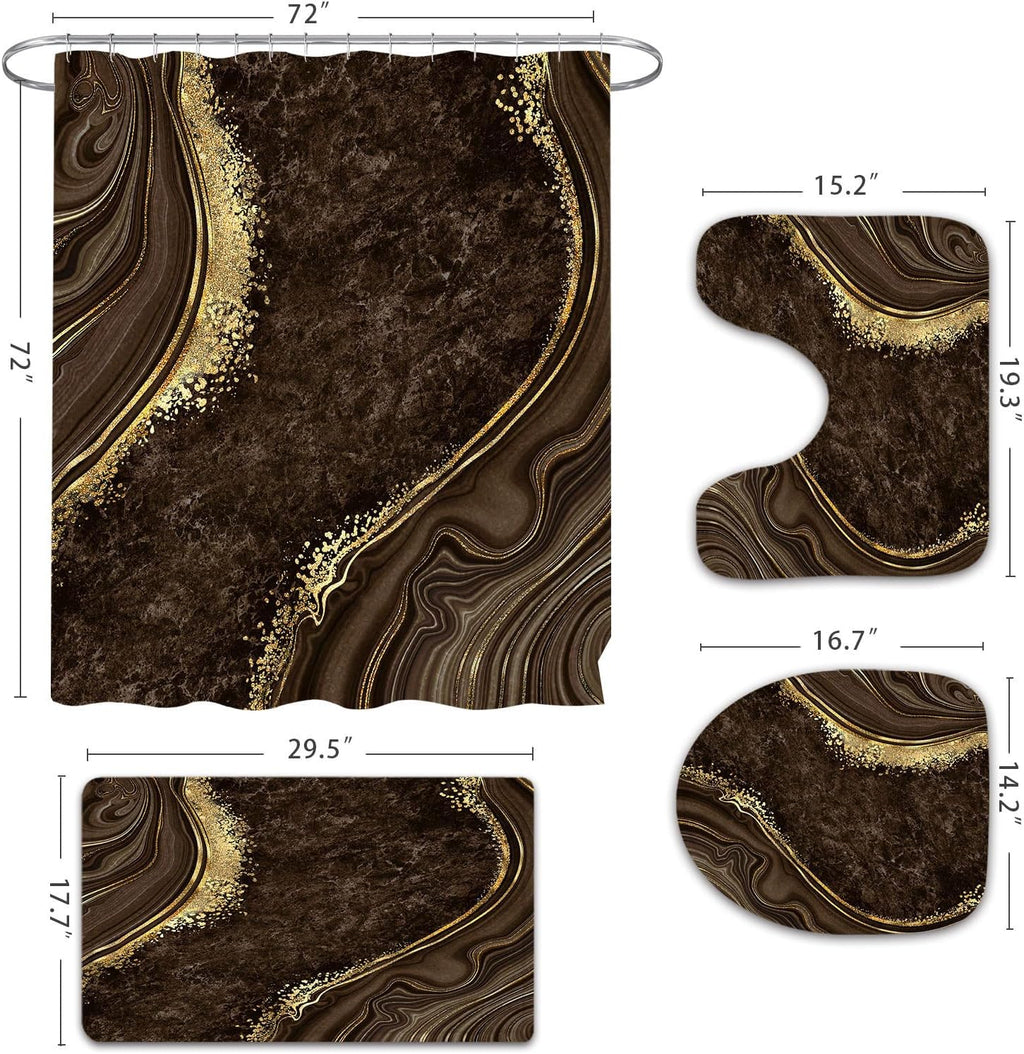4 Pcs Luxury Marble Shower Curtain Set with Non-Slip Rugs, Toilet Lid Cover and Bath Mat, Gold Foil Brown Bathroom Decor Set with Shower Curtain and Rugs and Accessories