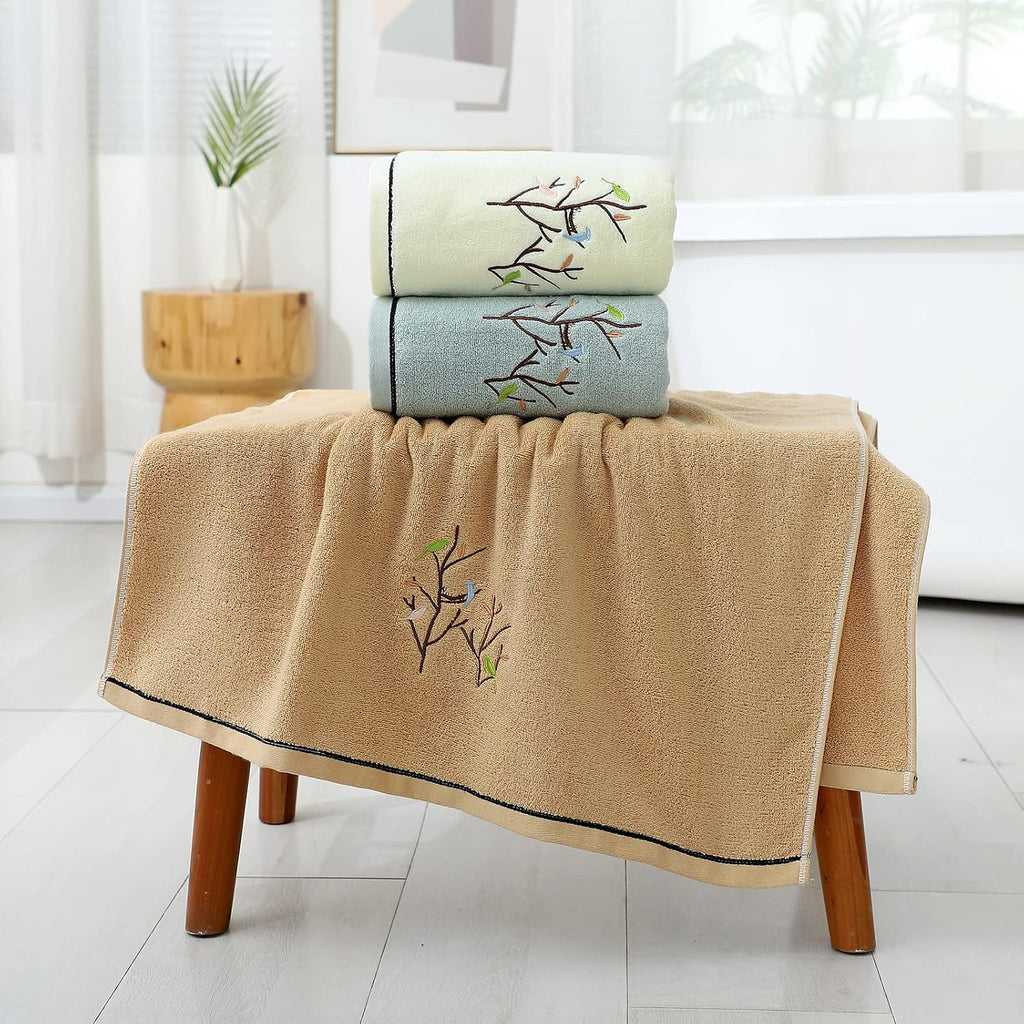 Embroidered Bird Tree Bath Towel for Bathroom,Light Yellow