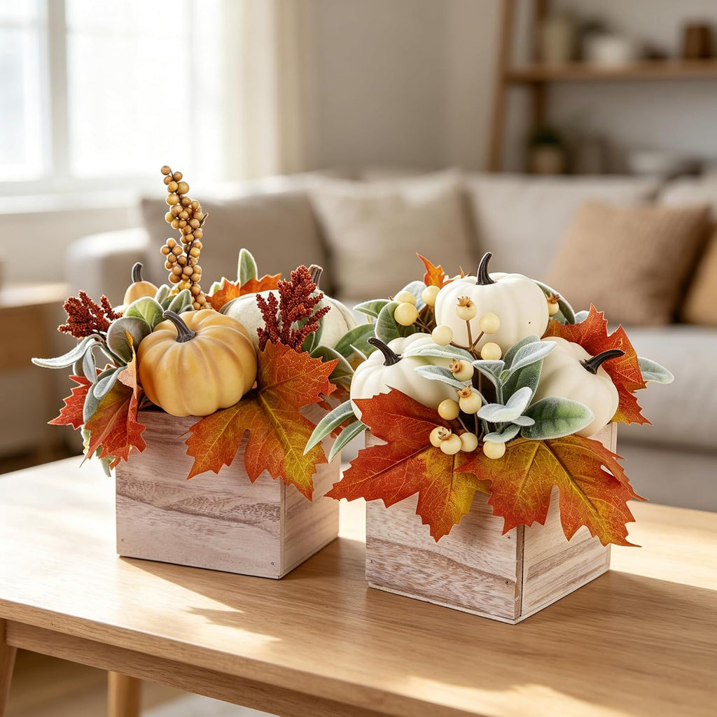 winemana Fall Decorations Artificial Pumpkin Gourd Berries Leaves, 2 Pack
