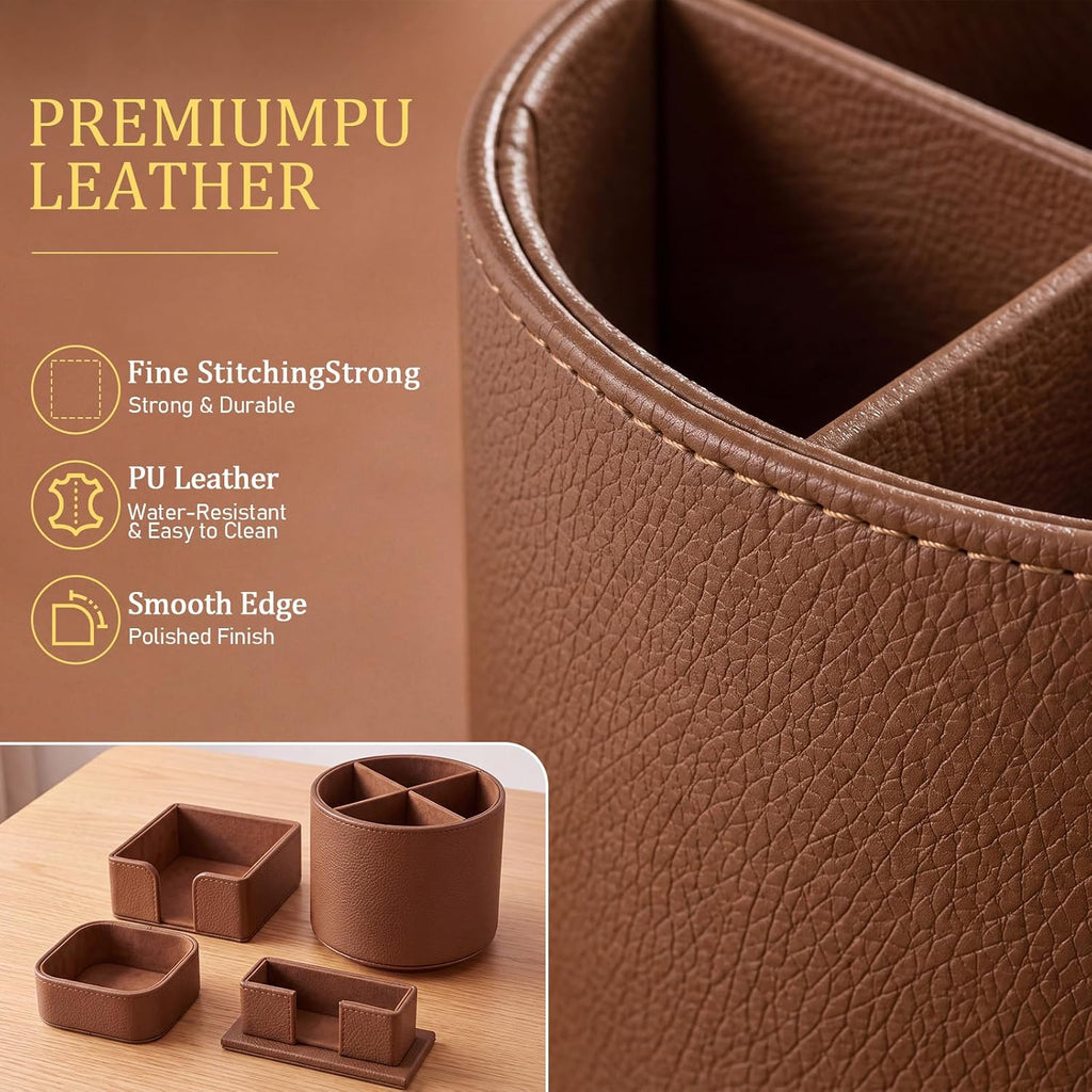4 Pcs Aesthetic PU Leather Desk Organnizer Set, Brown