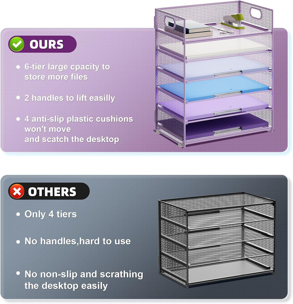 Marbrasse 2 Pack Desk Organizer with Handle, 6 Tier Paper Letter Tray, Mesh Desk File Organizer for Office, School and Home - Purple