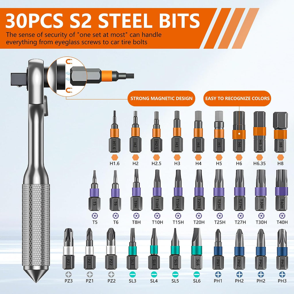 42-in-1 ratchet socket screwdriver set, 70N. m torque, 72-tooth ratchet wrench, S2 steel drill bit and Cr-V sleeve - portable tool kit for car, bicycle, motorcycle and home repair.