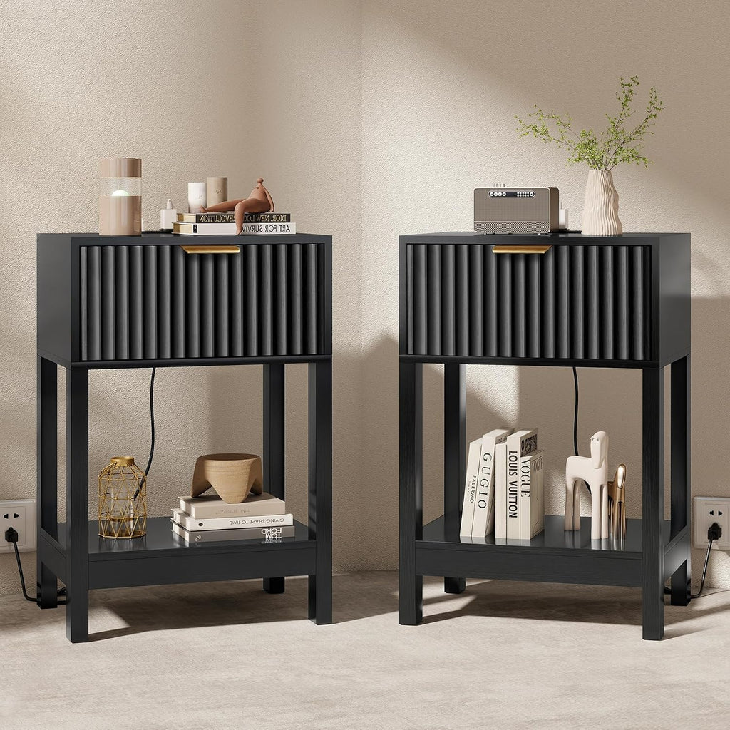 Nasonet Night Stand Set 2, Fluted Nightstand with Charging Station, Wood Bedside Table with Drawer & Storage Shelf, Modern End Tables for Bedroom Sofa Couch Office, Black