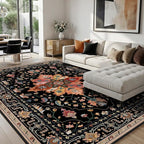 Area Rugs 8'x10' Washable Non-Slip, Floral Vintage Distress Print Pattern by RELEANY