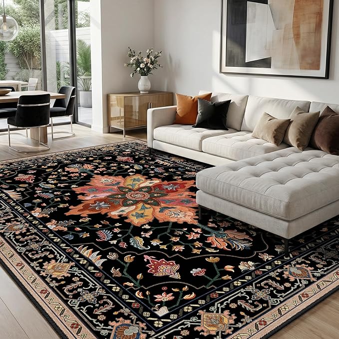 Area Rugs 8'x10' Washable Non-Slip, Floral Vintage Distress Print Pattern by RELEANY