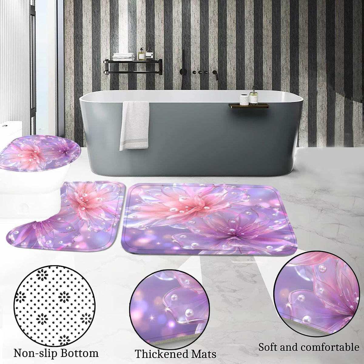 DDQQ 4 Pcs Floral Bathroom Sets with Shower Curtain and Rugs, Pink and Purple Lotus Bathroom Decor Set, Pearl Shower Curtain Set with 12 Hooks