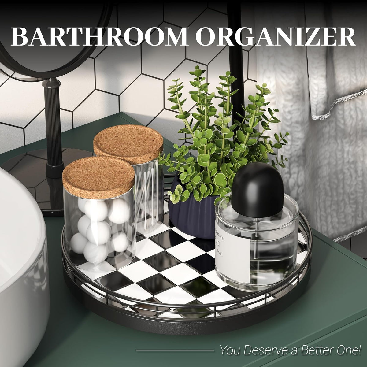 10.2-Inch Black and White Checkerboard Lazy Susan with Oak Base