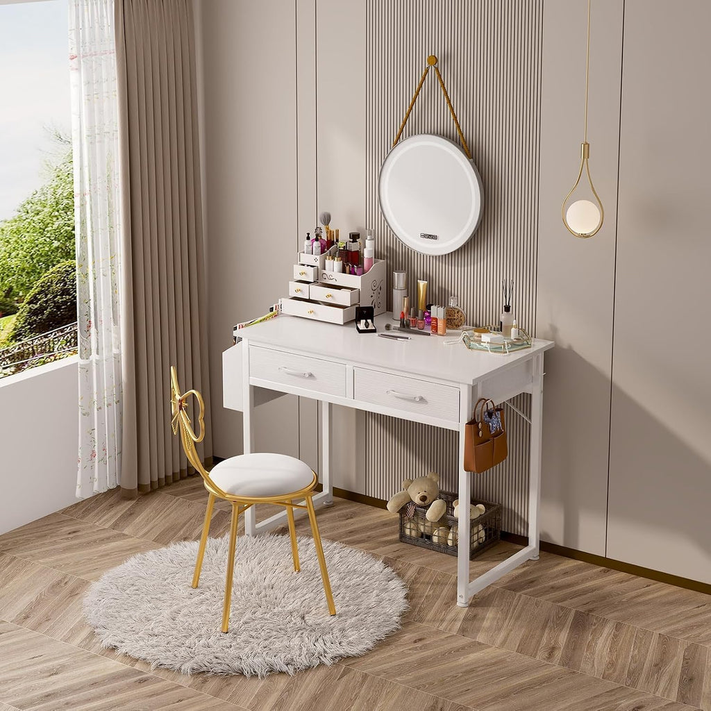 DLisiting 32 Inch Small White Desk with 2 Drawers