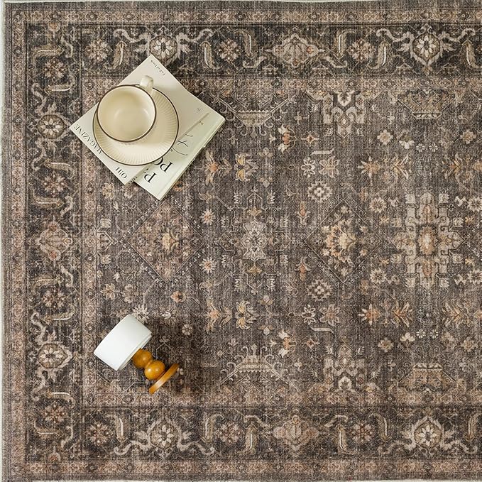 2x8 Washable Runner Rug for Hallway Kitchen Vintage Brown Non Slip Low Pile - Image 9
