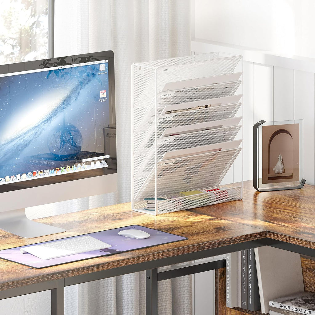 EasyPAG 5 Tier Wall File Holder, Mesh Hanging Folder Organizer with Classify Label, Versatile Desk File Holder, Vertical Wall Mounted Mail Organizer for Office Home Cubicle, White
