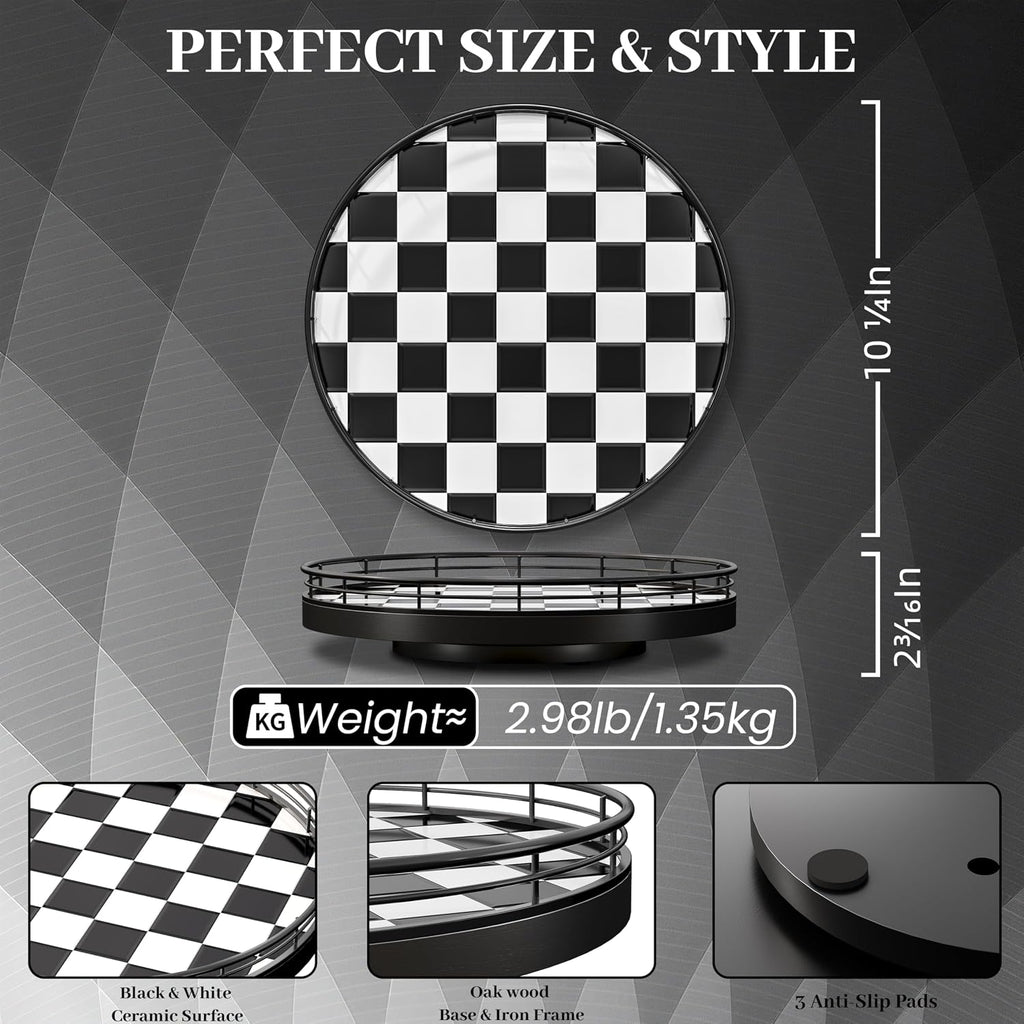 10.2-Inch Black and White Checkerboard Lazy Susan with Oak Base