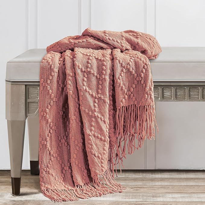 BOURINA Coral Pink Throw Blanket 50 x70 Inches Jacquard Argyle Throw Textured - Image 5