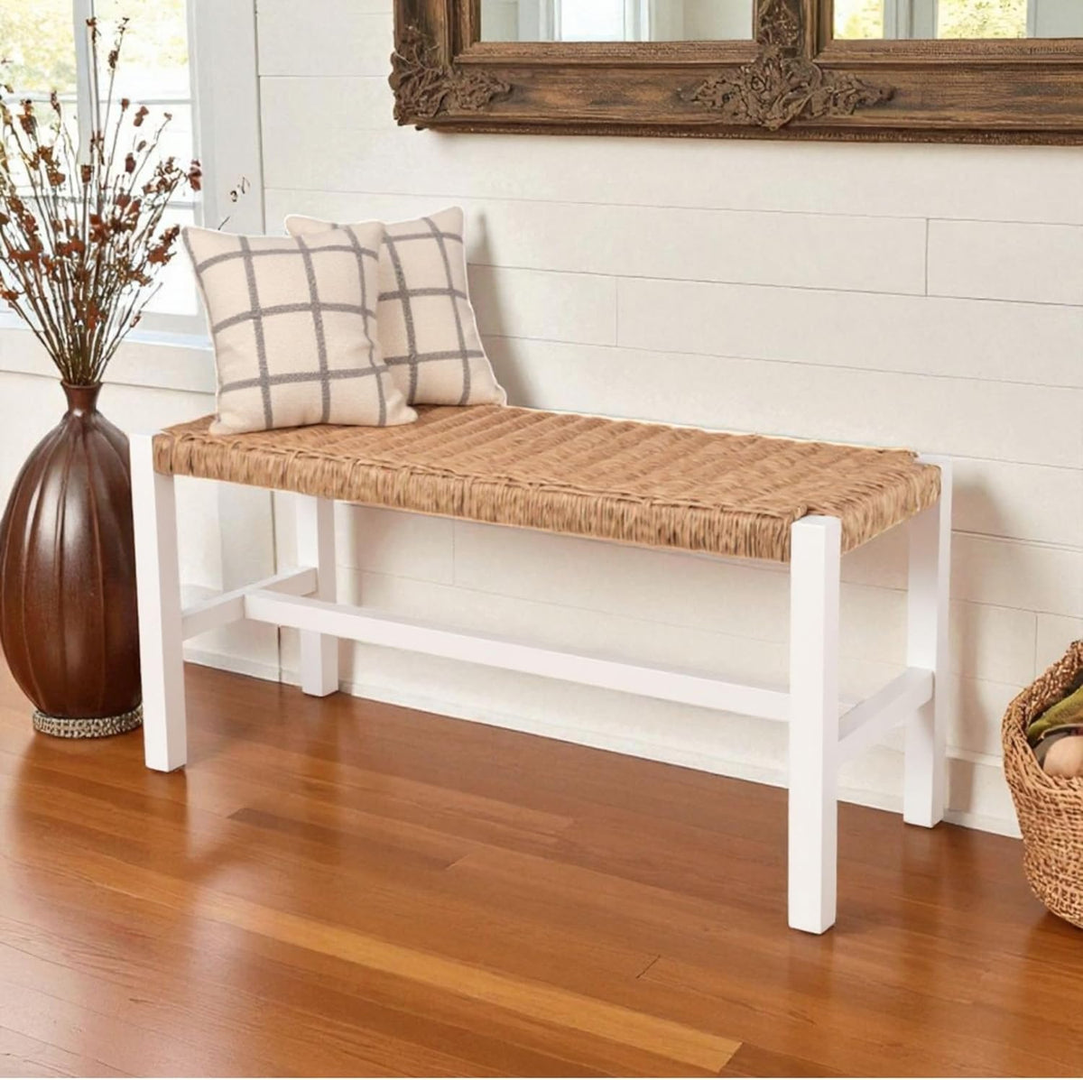 Alaterre Newport Solid Wood Entryway Bench with Woven Rope Seat, White