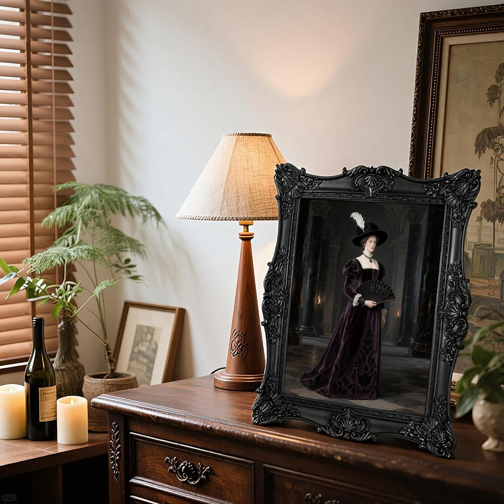 Picture Frame,Vintage Black Ornate Textured Hand-Crafted Resin Photo Frame with Easel & Hook for Tabletop & Wall Display, Retro Design Home Decor (Black, 8x10inch)