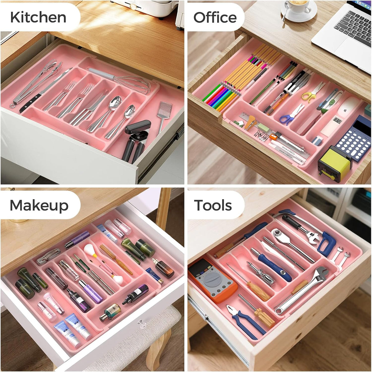 ukeetap Extra Large Expandable Silverware Organizer, Flatware Tray, Pink