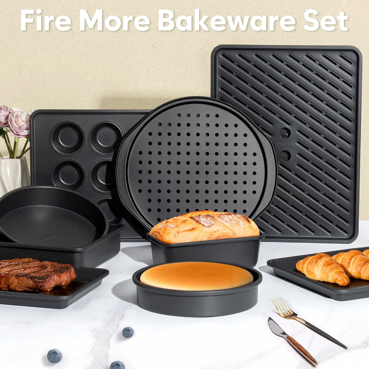 10-Piece Nonstick Bakeware Set, 0.8MM Thick Carbon Steel Baking Pan Set for Oven with Cookie Sheet, Muffin Pan, Pizza Pan, Loaf Pan and Cooling Rack, Stackable Kitchen Baking Set, PFOA/PTFE Free