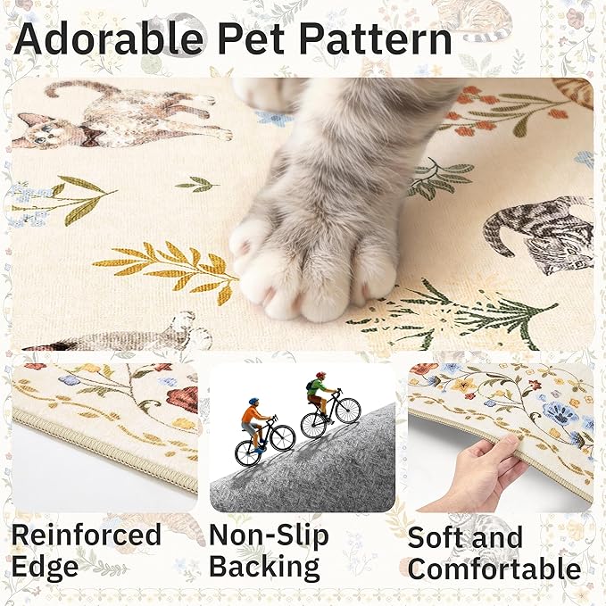 Cat 5x7 Area Rugs for Living Room, Machine Washable Animal Floral Vintage Rug - Image 6