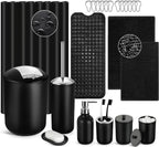 Black Bathroom Accessories Set, 23Pcs Bath Accessory Sets Complete with Bathtub Mat, Shower Curtain Set with Hooks, Soap Dispenser, Toothbrush Holder, Qtip Holder, Trash Can, Toilet Brush