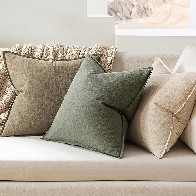 MIULEE Decorative Linen Pillow Covers 20x20 Inch Olive Green ​Boho Farmhouse - Image 3