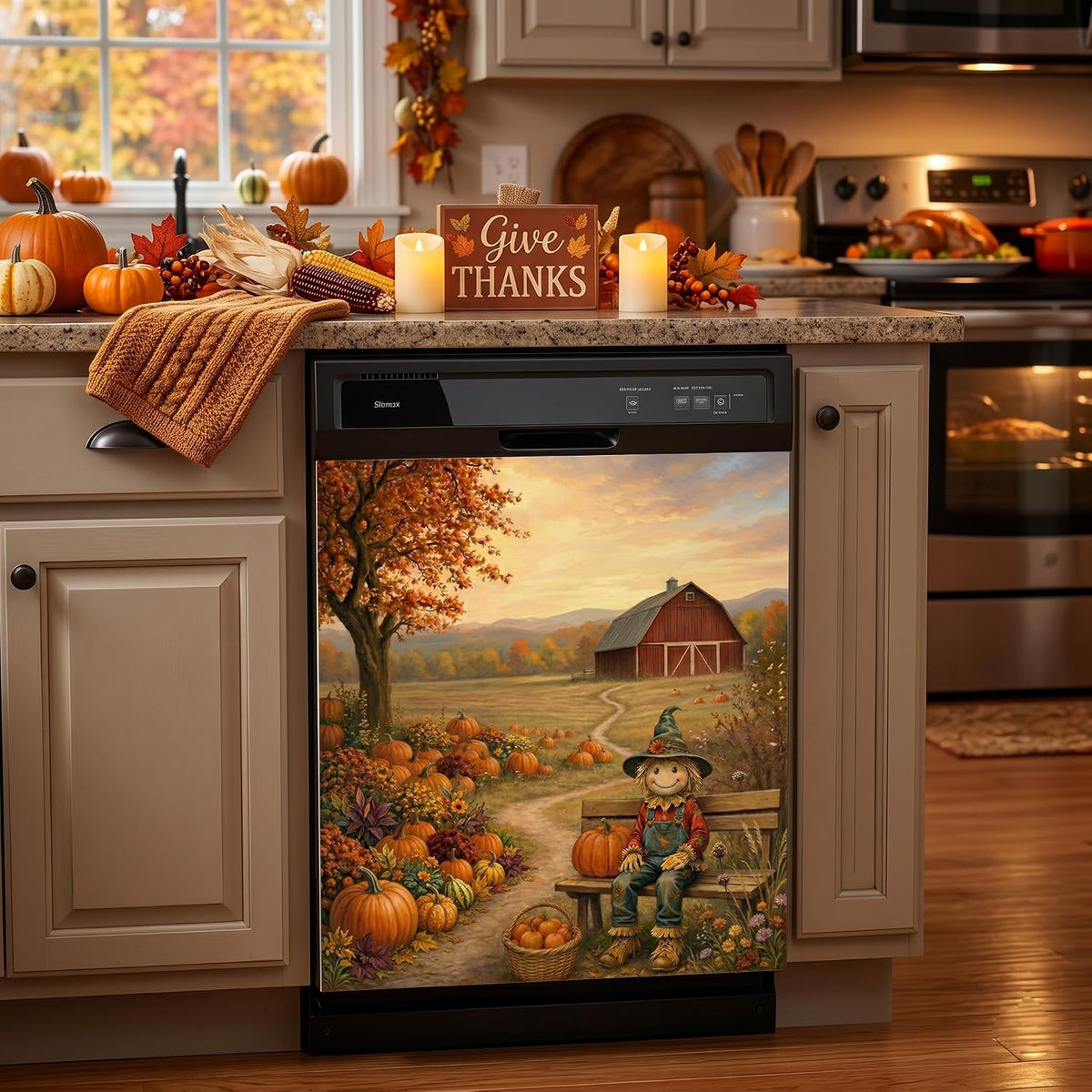 Thanksgiving Dishwasher Magnet Cover 23 x 25.5 Inch, Fall Farm Scarecrow Dishwasher Magnetic Cover, PVC Dishwasher Decorative Magnet for Kitchen Decor