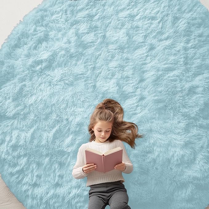 OLANLY Light Blue Round Rugs for Bedroom by OLANLY