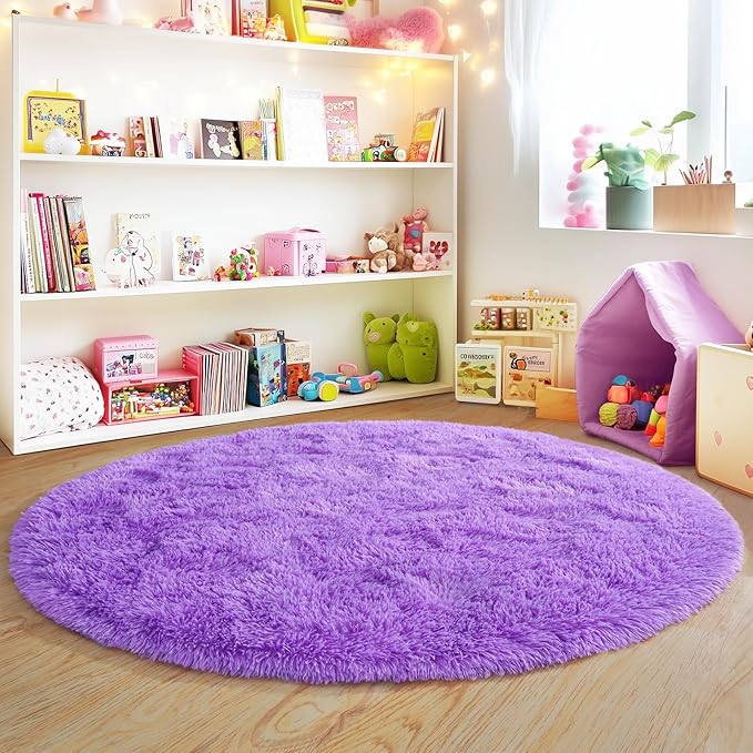 3'x3' Purple Round Rug for Bedroom, Ultra Soft Fluffy Circle Rug for Kids Girls - Image 3