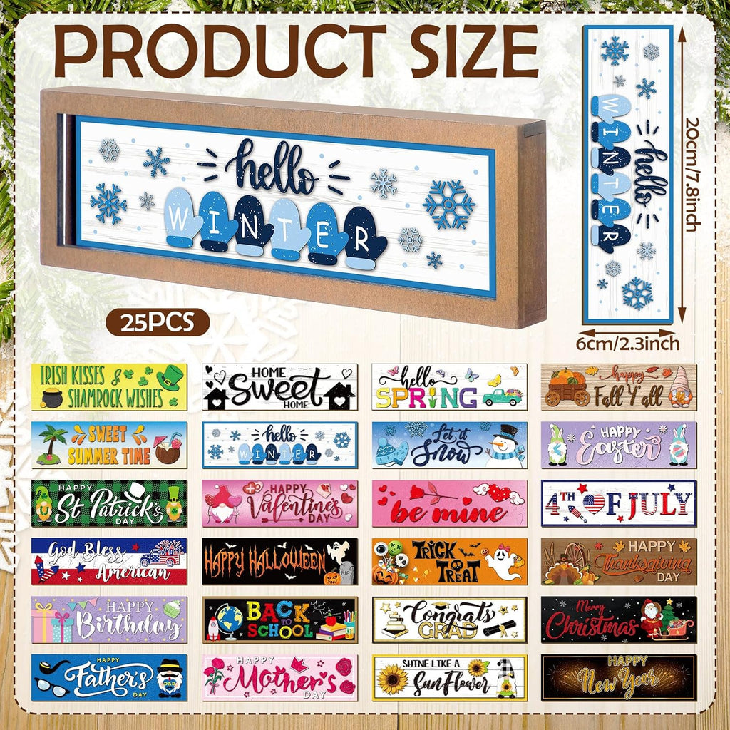 Barydat 25 Pcs Interchangeable Seasonal Wooden Signs with Frame, Retro