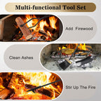 Fireplace Tools Set 5 Pcs Wrought Iron Large Fire Tool Set with Brass Handles for Outdoor/Indoor, Fireplace Accessories Set Included Poker, Tong, Shovel, Brush