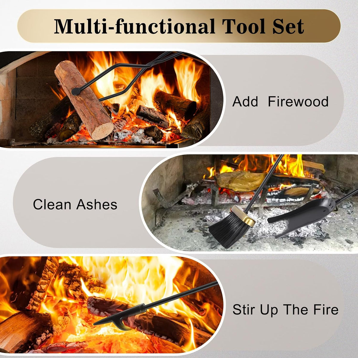 Fireplace Tools Set 5 Pcs Wrought Iron Large Fire Tool Set with Brass Handles for Outdoor/Indoor, Fireplace Accessories Set Included Poker, Tong, Shovel, Brush