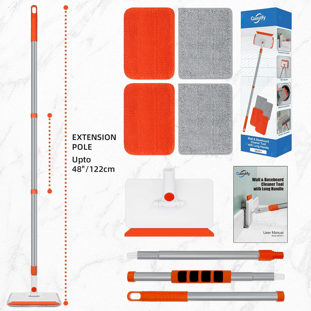 Qaestfy Wall & Baseboard Cleaner Mop Tool with 49'' Long Handle for Cleaning Window Floor Skirting Board Ceiling Bathtub Tub Tile Scrubber Brush Duster with 4 Reusable Pads